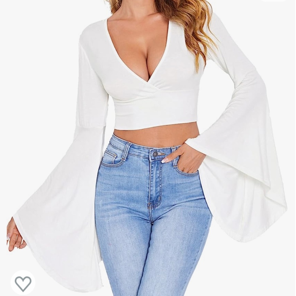 Floerns Women's V Neck Long Bell Sleeve Wrap Blouse